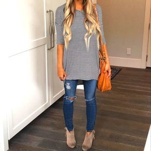 LULAROE IRMA HEATHER STRIPE TAUPE GRAY BEIGE TEE